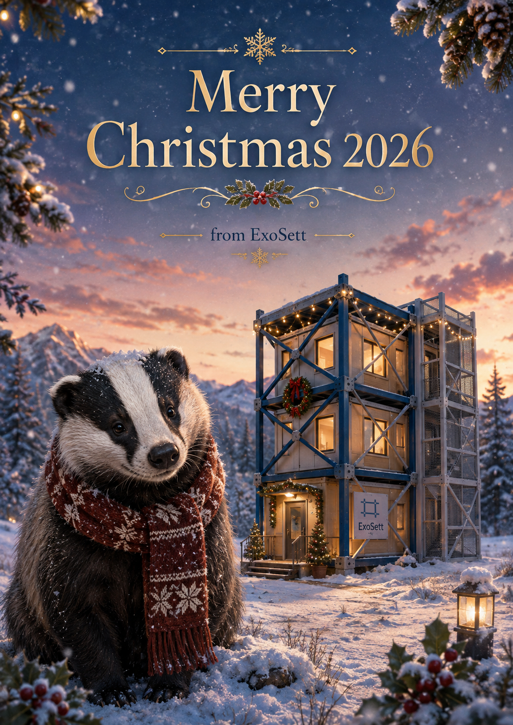 ExoSett Christmas card 2026 featuring a badger and a small ExoSett building
