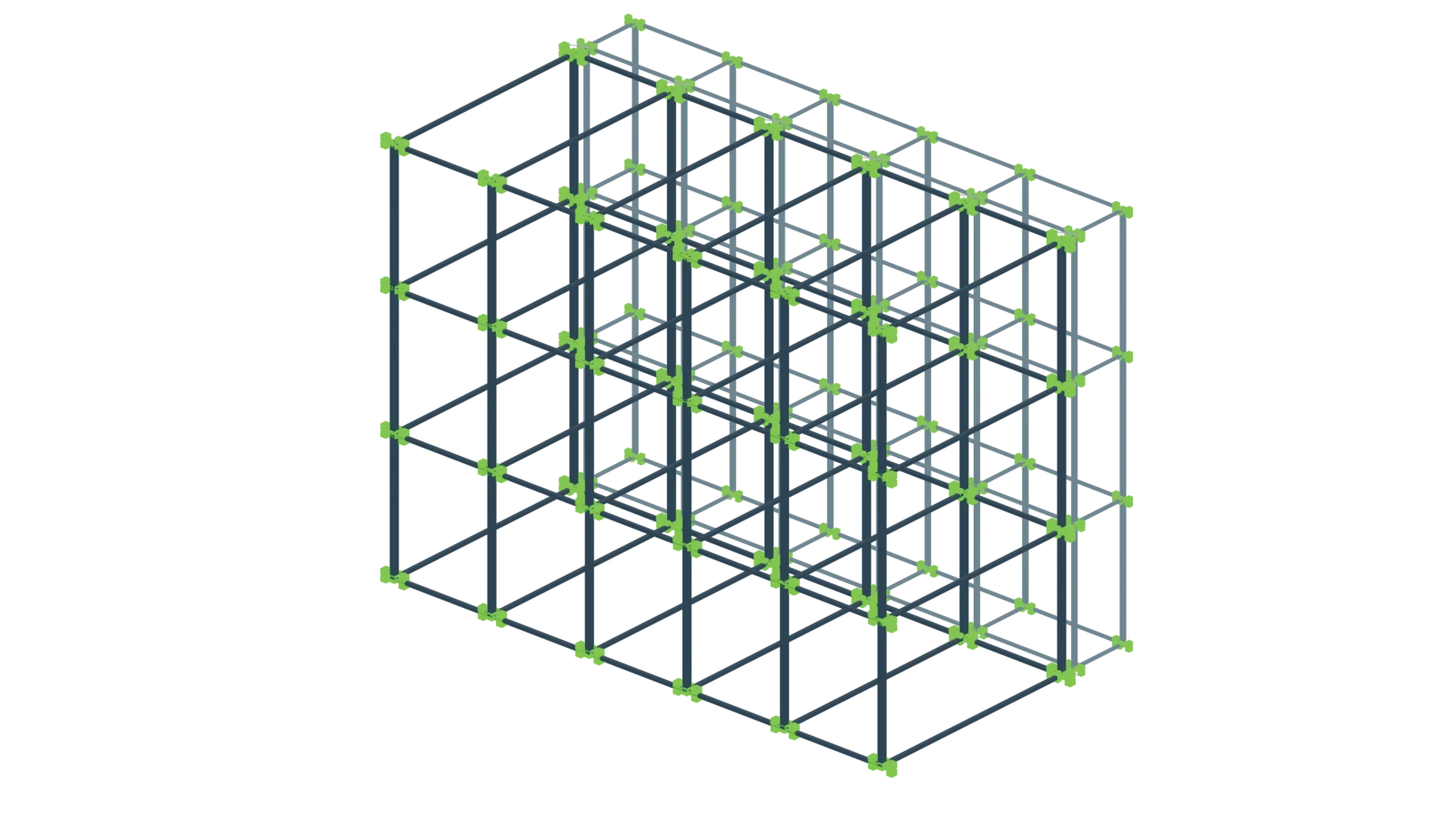 A five-cell-wide, three-cell-high accommodation frame and service frame with their frame nodes highlighted in green.
