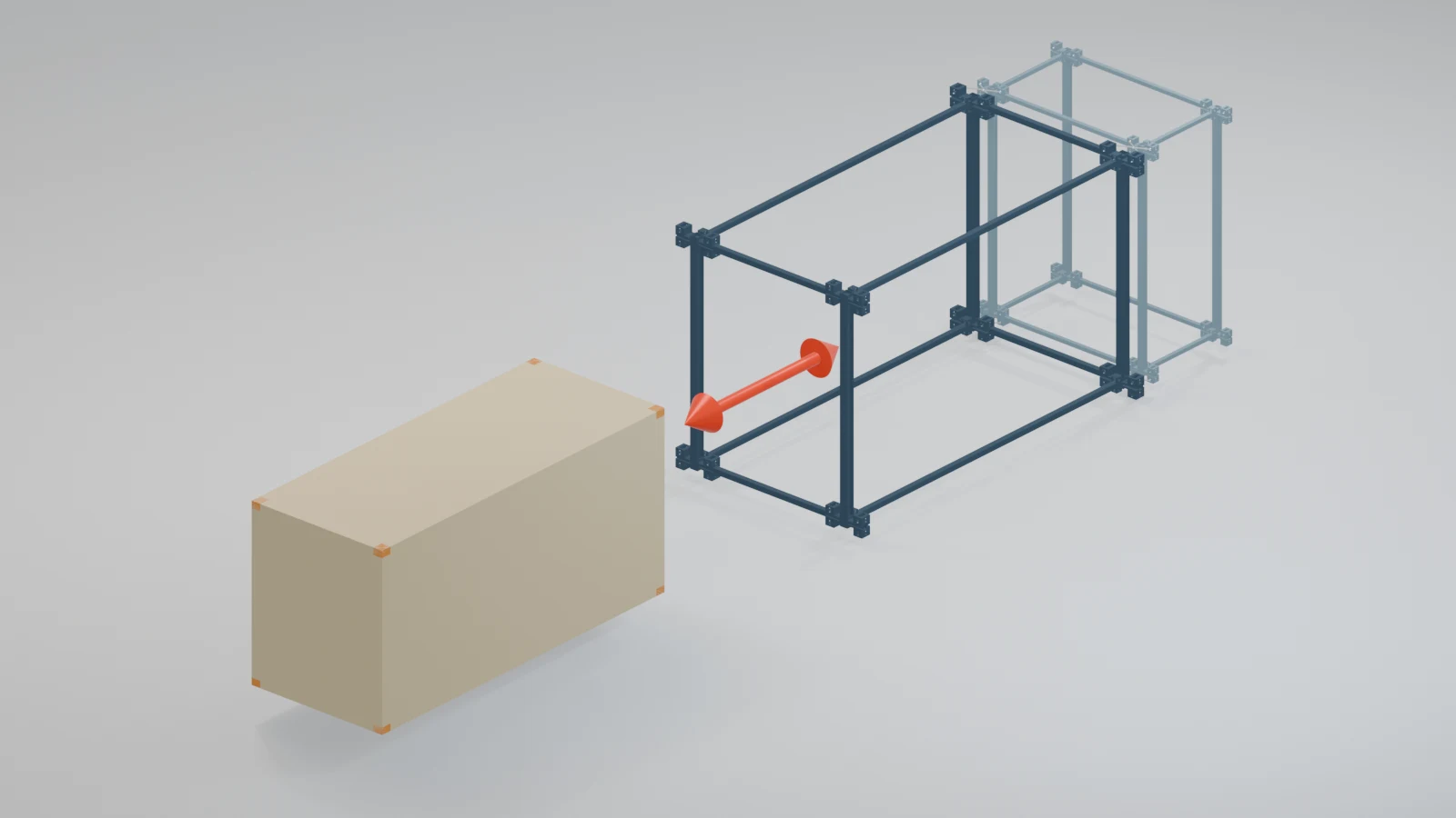 An accommodation cassette aligned for insertion into an ExoSett accommodation frame, with the associated service frame behind.