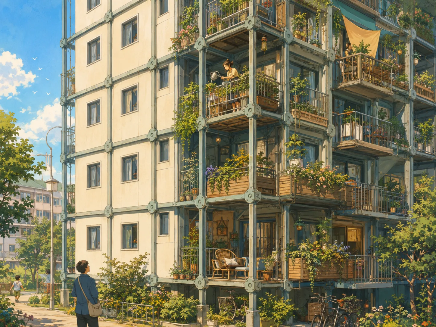 An evolving ExoSett facade with balconies, planting and seating attached to the external frame.