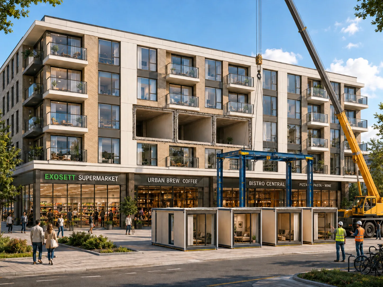 A modern ExoSett residential building above a podium, with three empty accommodation cells, four new cassettes waiting at street level, a crane and an installation frame.