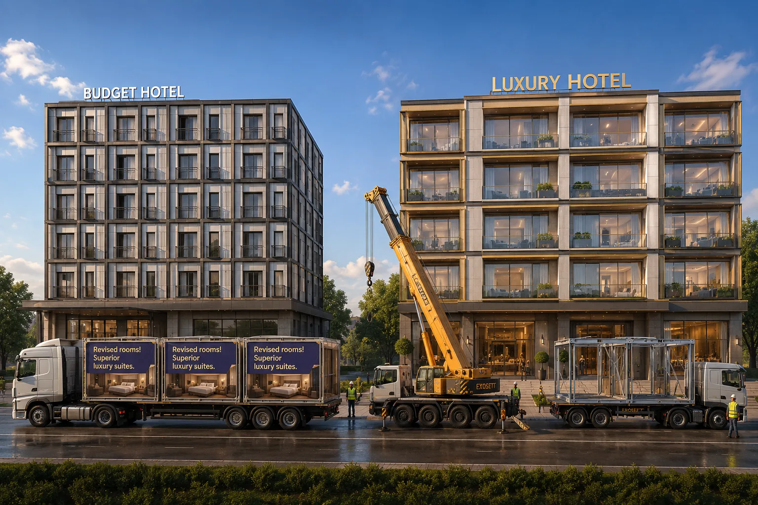 A Budget Hotel and a Luxury Hotel, with the luxury rooms noticeably wider, while trucks deliver revised luxury-suite cassettes alongside a mobile crane and an installation frame.