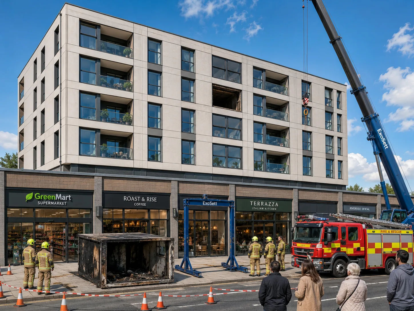 A modern ExoSett residential building above a podium, with one vacant accommodation cell, a charred cassette on the pavement, a crane, an installation frame, a fire engine, firefighters and residents looking on.