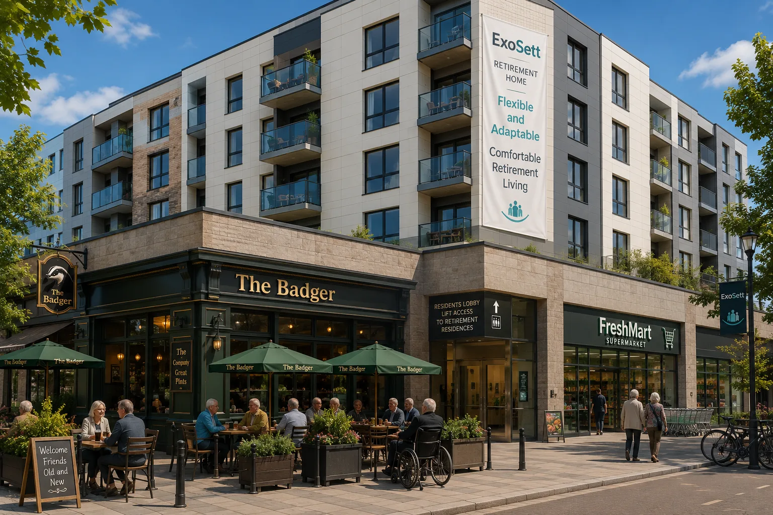 A modern ExoSett retirement residence above a podium containing The Badger pub and a supermarket, with residents sitting outside on a sunny day.