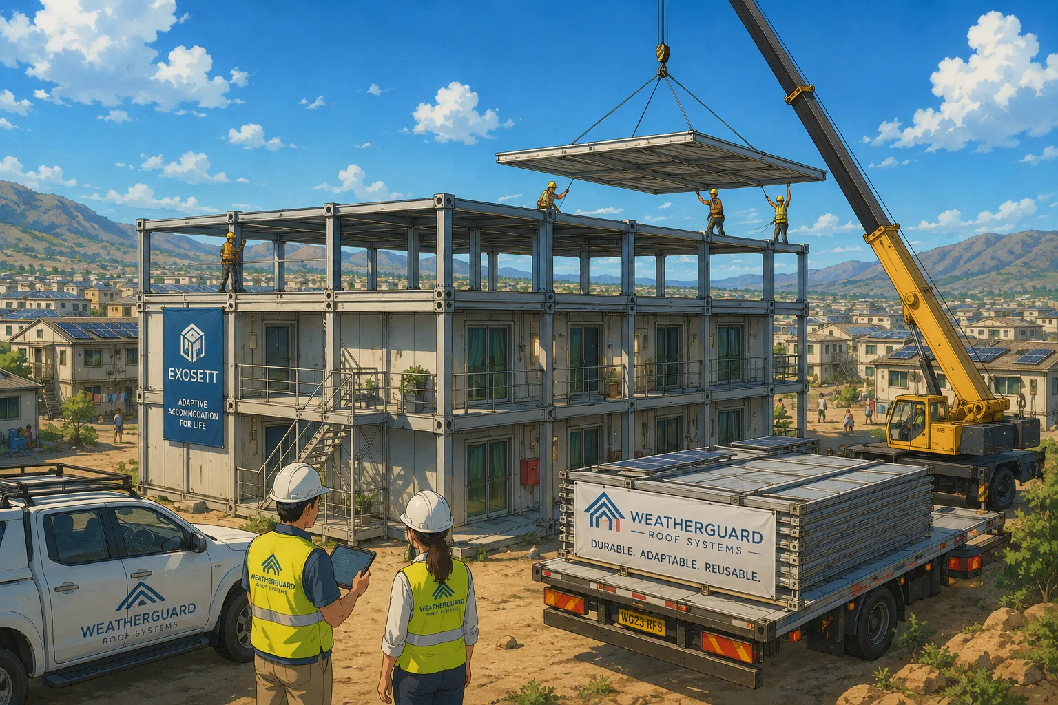 An ExoSett settlement evolving beyond emergency use, with a raised roof panel being craned into place above a modular building, roof-system vehicles and workers on site.