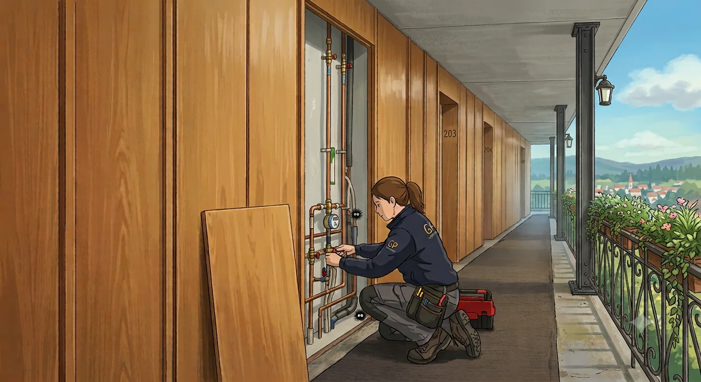 A technician servicing exposed utility pipes behind a removable panel on an open-sided apartment walkway decorated with planters and lights.