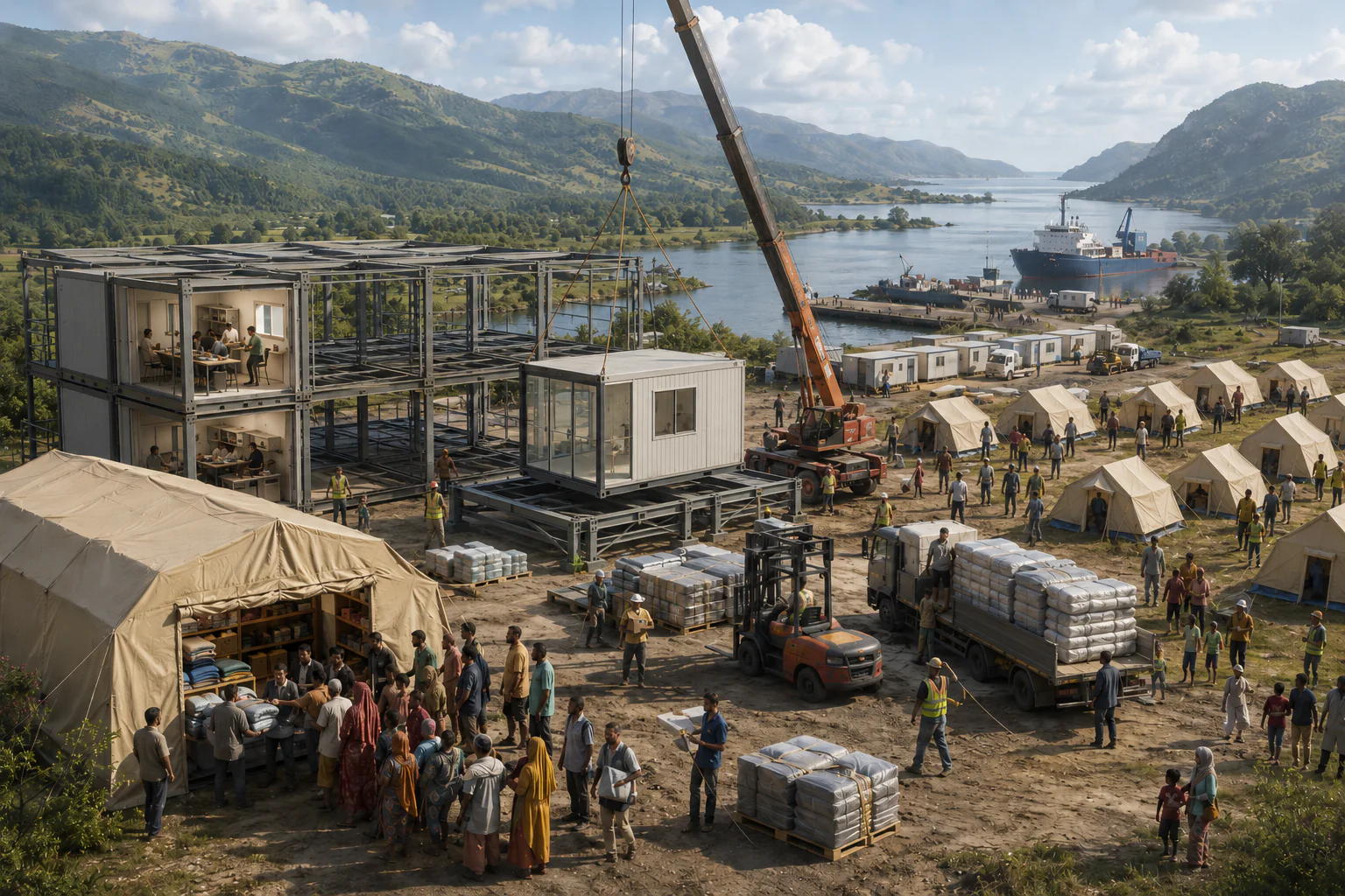An ExoSett emergency centre operating while its accommodation frame is still being extended, with a cassette being lowered onto an installation frame, relief tents, aid workers and a temporary dock in the valley beyond.