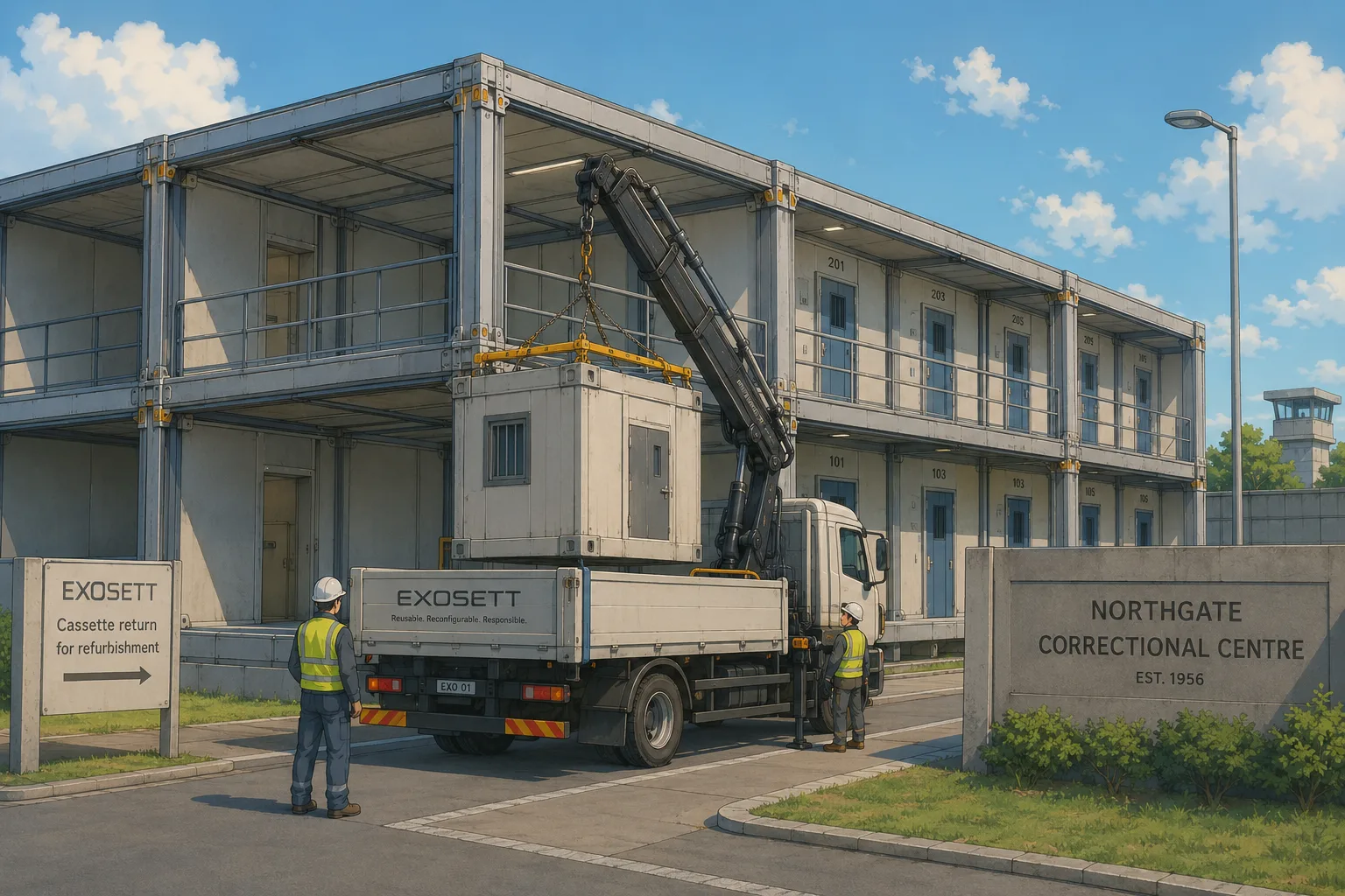 An ExoSett prison building in good condition, with accommodation cassettes being removed for refurbishment as the building gradually contracts.