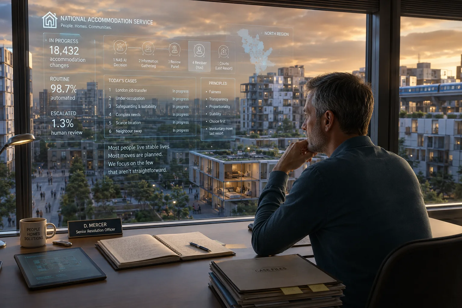 A senior resolution officer reviewing National Accommodation Service cases from an office overlooking an adaptable residential district at sunset.